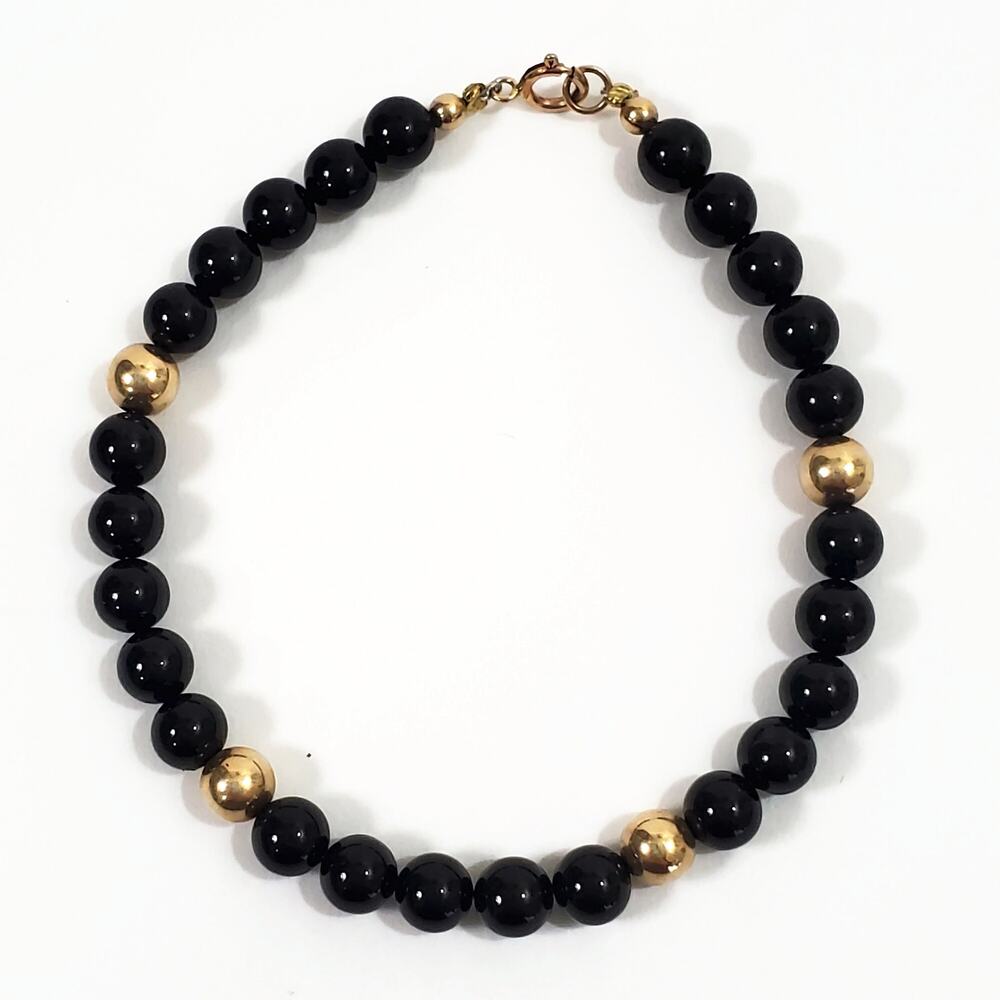 Vintage 14k Gold Filled Black Onyx Bead Bracelet 7.5"